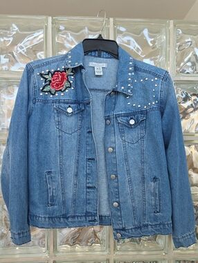 Crave Fame Blue Denim Jean Jacket with Red Rose Embroidery and Silver Studs